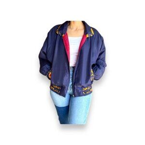 Casual Isle Women’s Silk Bomber Jacket With Floral Trim Red Lining VTG 80s 90s L